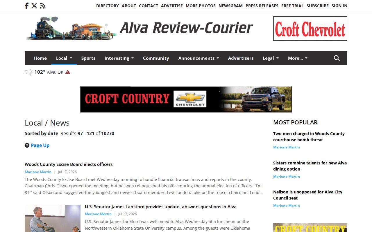 Woods County crime news source, Alva Review-Courier local section