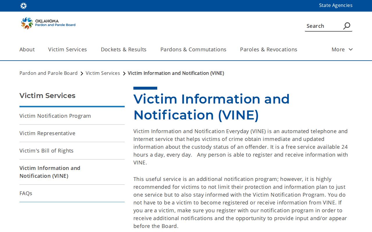 Oklahoma VINE custody notification page for Woods County booking record context