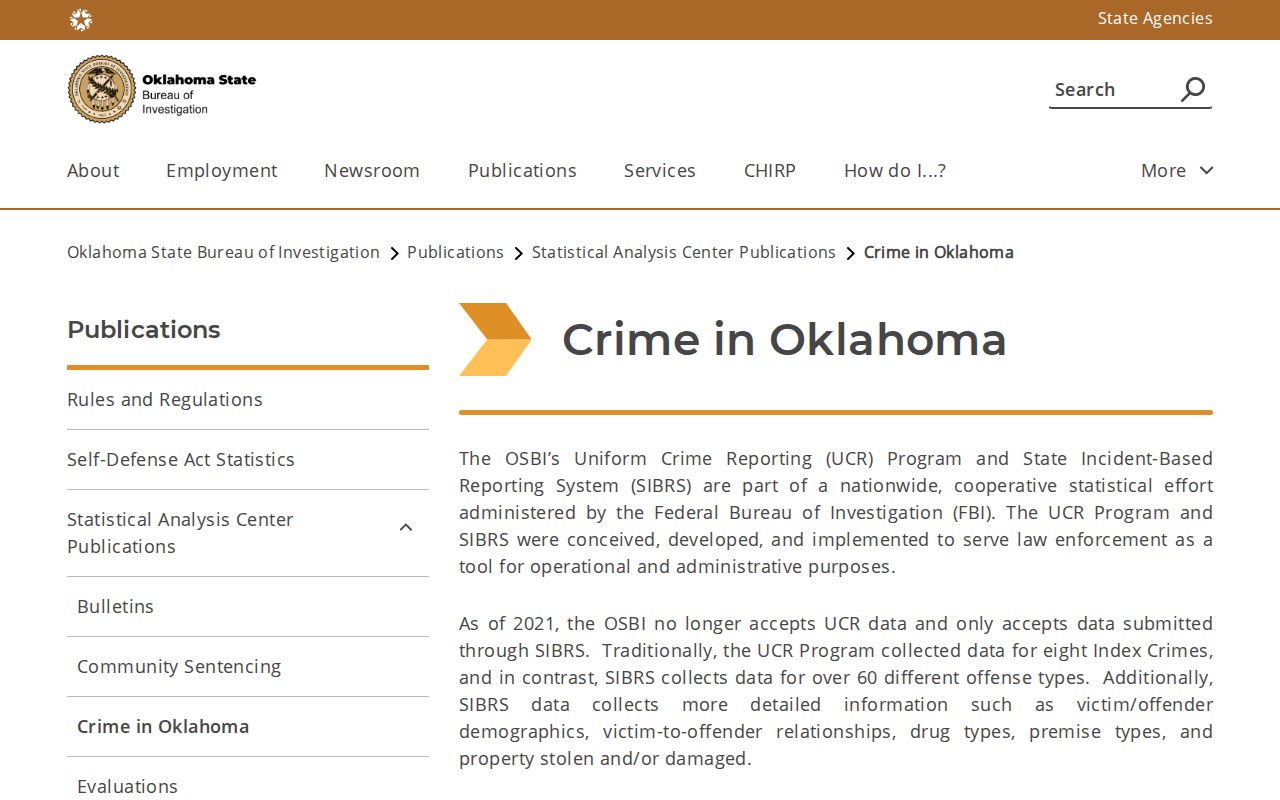 Oklahoma State Bureau of Investigation crime publications page for Woods County arrest statistics context