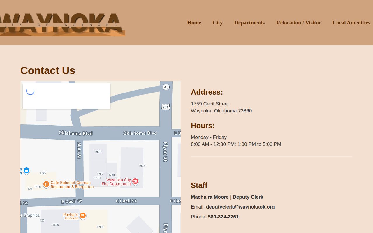 Waynoka official contact page for city and dispatch information